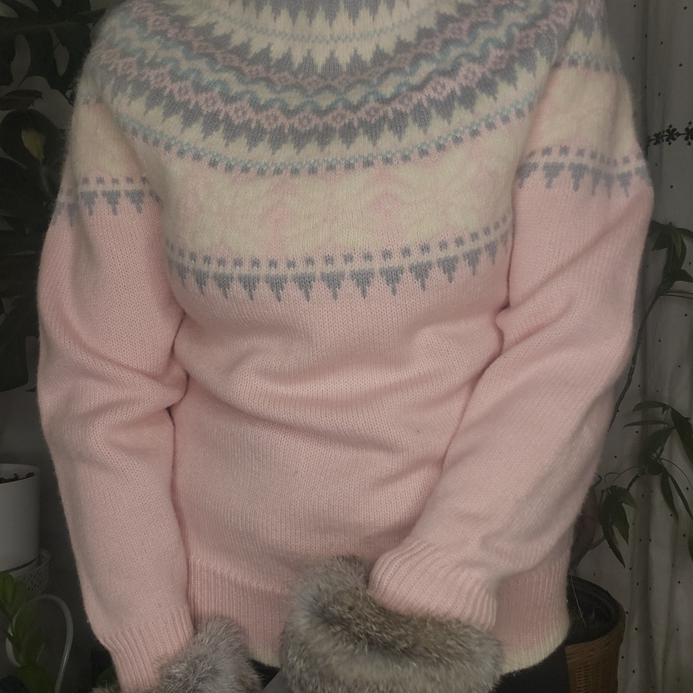 90s Vintage Fair Isle Print Pink Pastel Women's Turtleneck Sweater Angora Wool